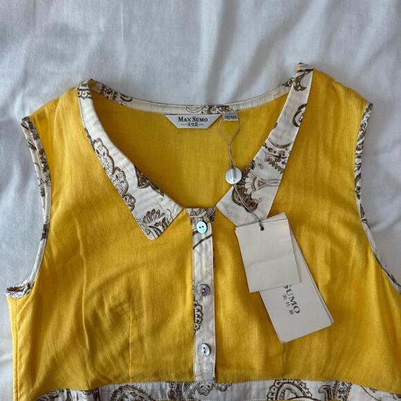 vintage style yellow sleeveless top with printed collar - indie retro blouse - Picture 6 of 8
